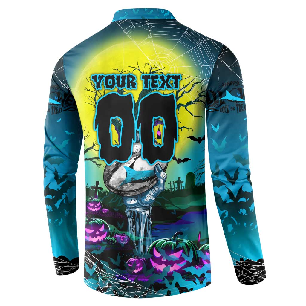 We Are Sharks Halloween Button Sweatshirt Pumpkin Scary Spooky Season - Aussie Hoodie