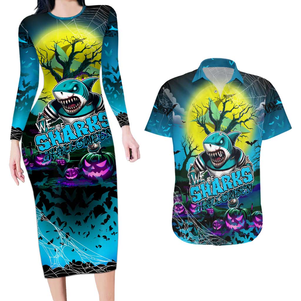 We Are Sharks Halloween Couples Matching Long Sleeve Bodycon Dress and Hawaiian Shirt Pumpkin Scary Spooky Season - Aussie Hoodie