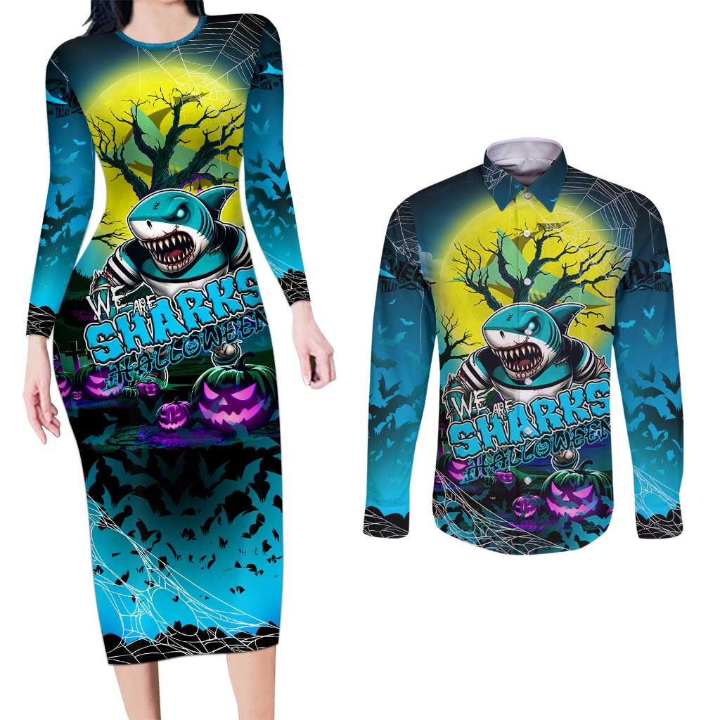 We Are Sharks Halloween Couples Matching Long Sleeve Bodycon Dress and Long Sleeve Button Shirt Pumpkin Scary Spooky Season - Aussie Hoodie