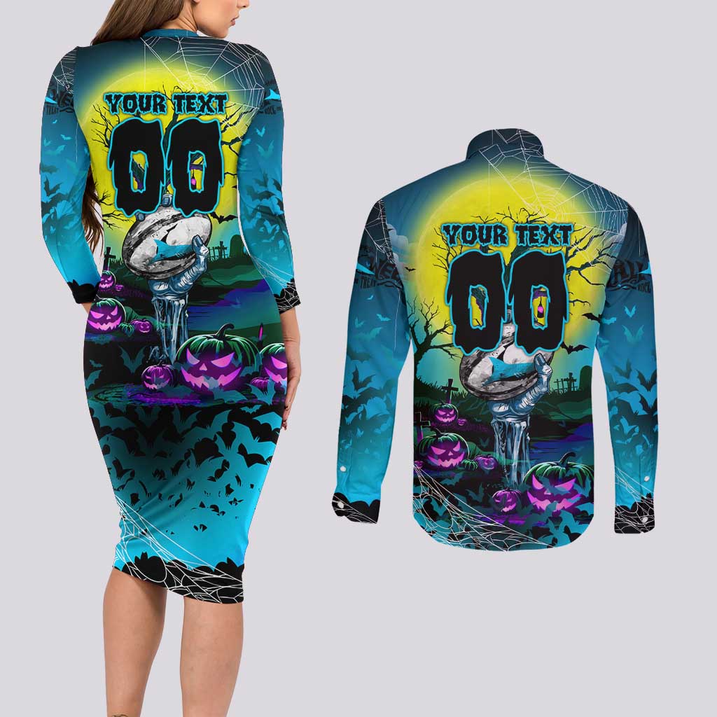 We Are Sharks Halloween Couples Matching Long Sleeve Bodycon Dress and Long Sleeve Button Shirt Pumpkin Scary Spooky Season - Aussie Hoodie