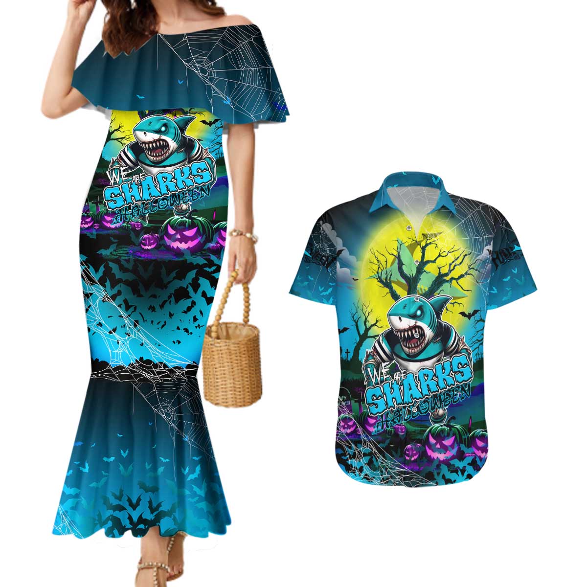 We Are Sharks Halloween Couples Matching Mermaid Dress and Hawaiian Shirt Pumpkin Scary Spooky Season - Aussie Hoodie