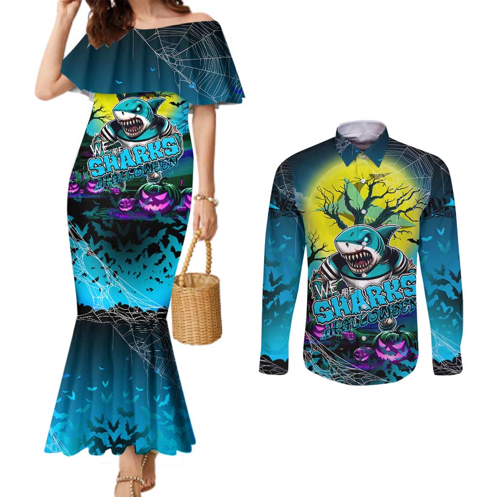 We Are Sharks Halloween Couples Matching Mermaid Dress and Long Sleeve Button Shirt Pumpkin Scary Spooky Season - Aussie Hoodie