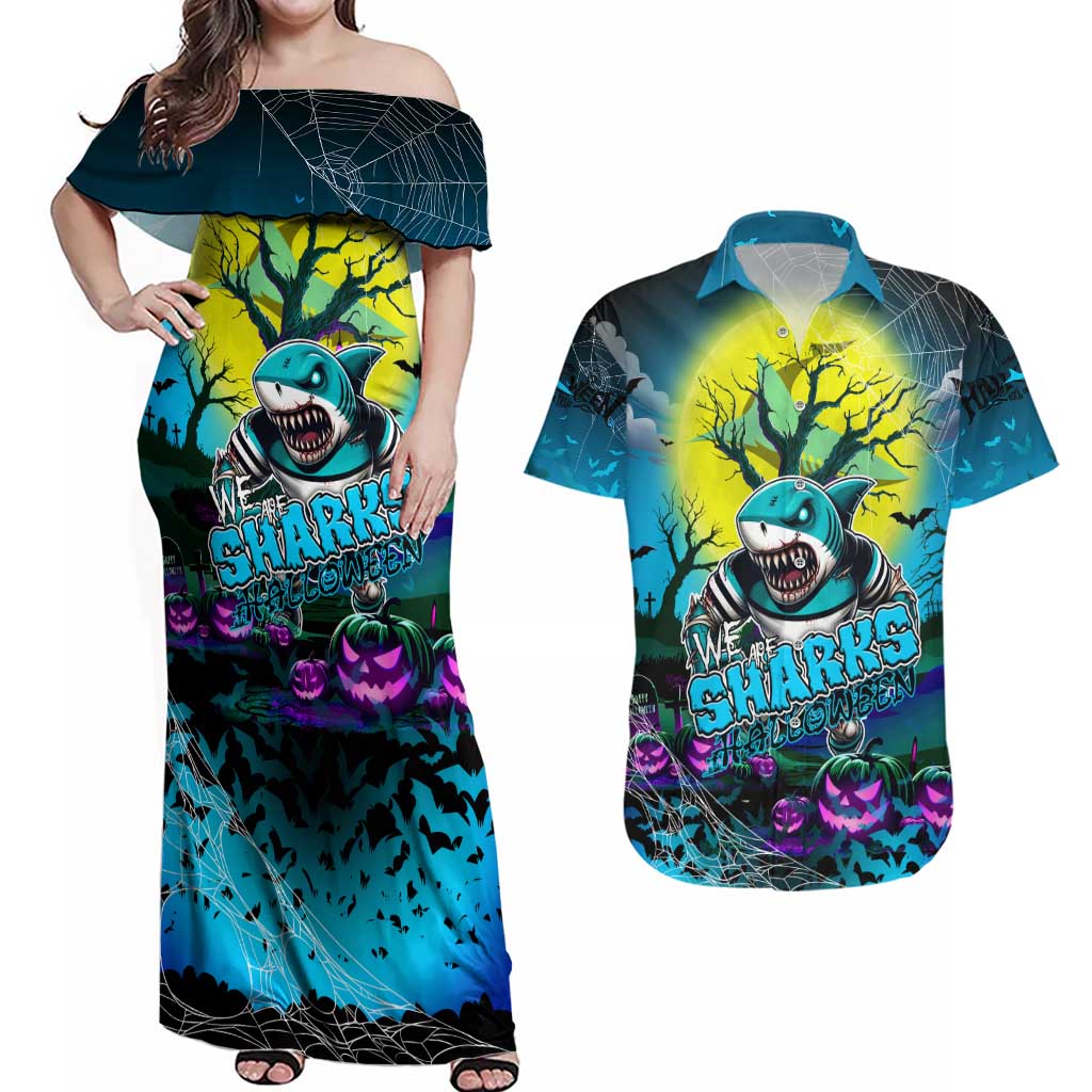 We Are Sharks Halloween Couples Matching Off Shoulder Maxi Dress and Hawaiian Shirt Pumpkin Scary Spooky Season - Aussie Hoodie
