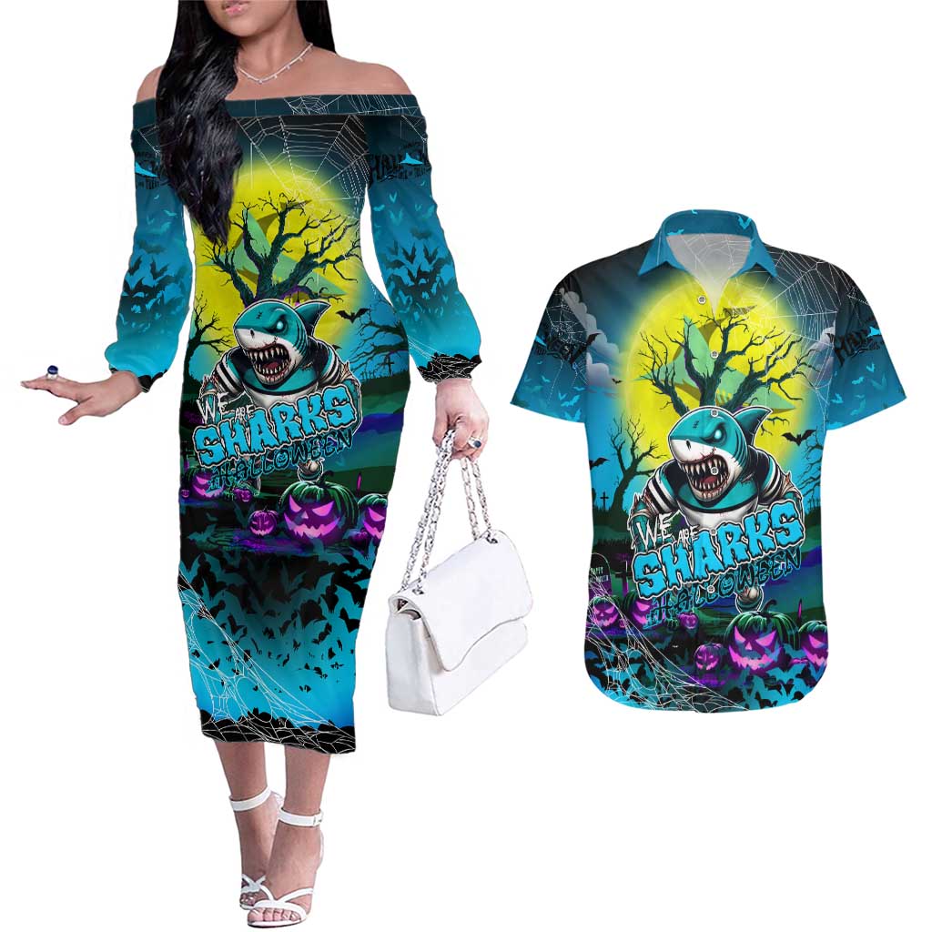 We Are Sharks Halloween Couples Matching Off The Shoulder Long Sleeve Dress and Hawaiian Shirt Pumpkin Scary Spooky Season - Aussie Hoodie