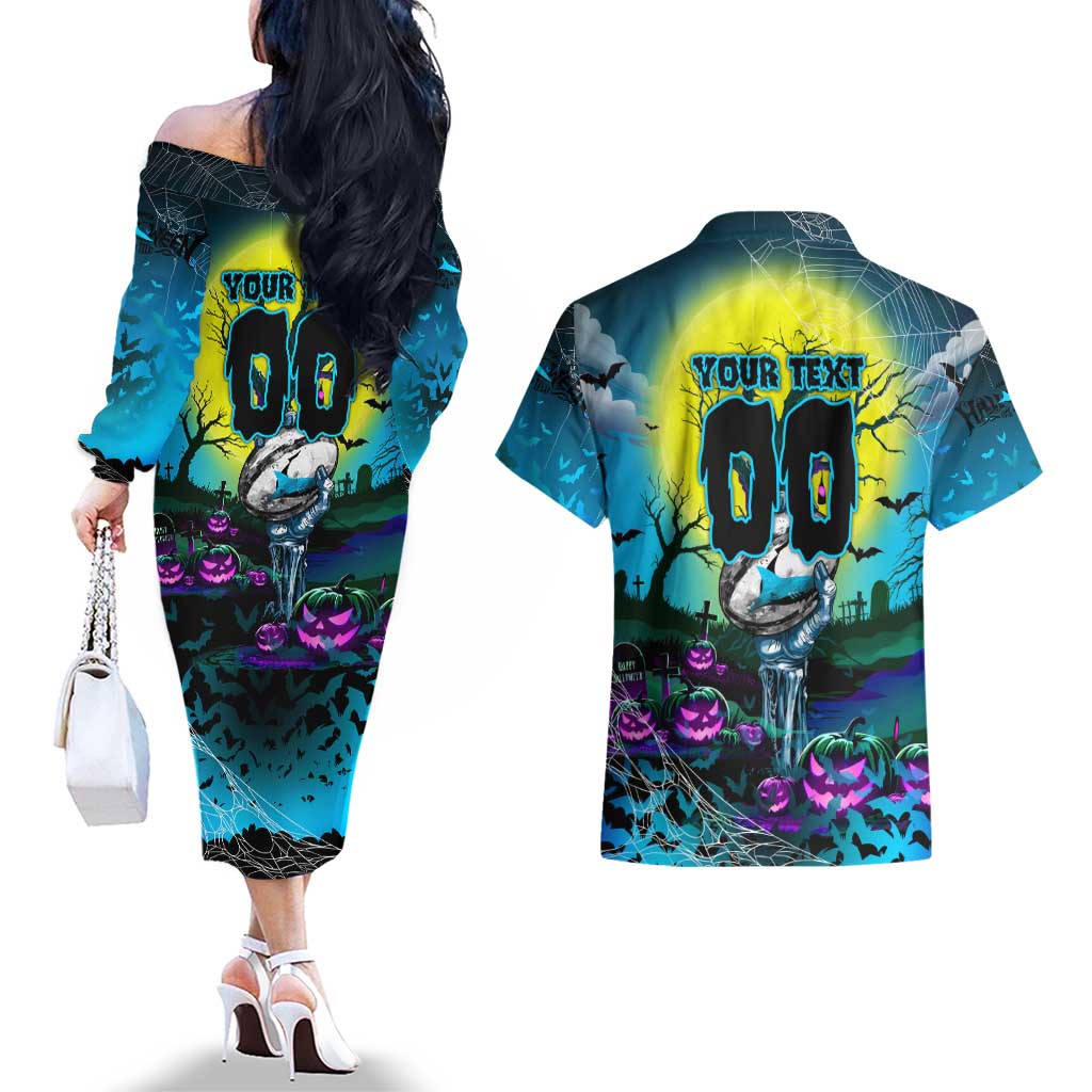 We Are Sharks Halloween Couples Matching Off The Shoulder Long Sleeve Dress and Hawaiian Shirt Pumpkin Scary Spooky Season - Aussie Hoodie