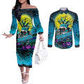 We Are Sharks Halloween Couples Matching Off The Shoulder Long Sleeve Dress and Long Sleeve Button Shirt Pumpkin Scary Spooky Season - Aussie Hoodie