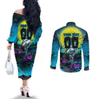 We Are Sharks Halloween Couples Matching Off The Shoulder Long Sleeve Dress and Long Sleeve Button Shirt Pumpkin Scary Spooky Season - Aussie Hoodie