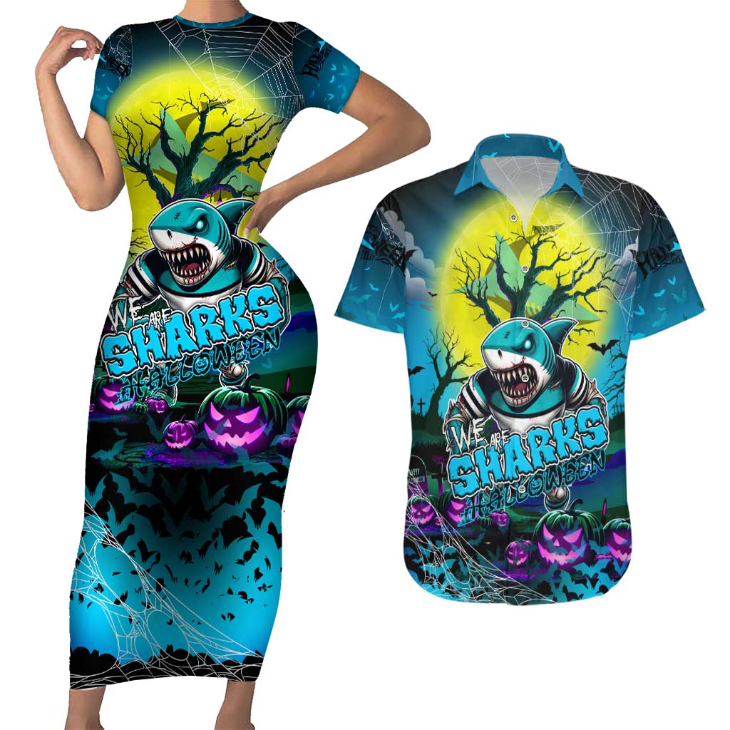 We Are Sharks Halloween Couples Matching Short Sleeve Bodycon Dress and Hawaiian Shirt Pumpkin Scary Spooky Season - Aussie Hoodie