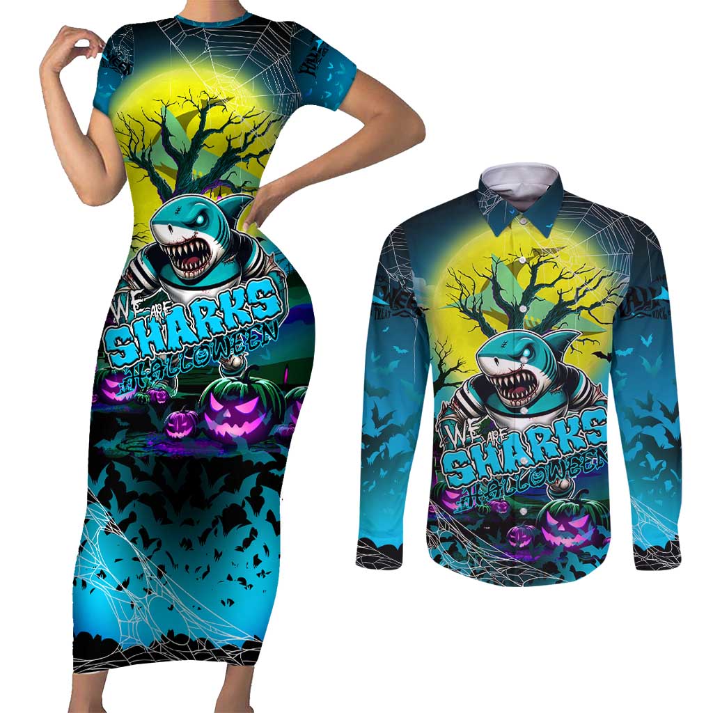 We Are Sharks Halloween Couples Matching Short Sleeve Bodycon Dress and Long Sleeve Button Shirt Pumpkin Scary Spooky Season - Aussie Hoodie