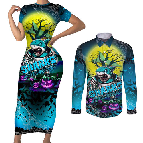 We Are Sharks Halloween Couples Matching Short Sleeve Bodycon Dress and Long Sleeve Button Shirt Pumpkin Scary Spooky Season - Aussie Hoodie