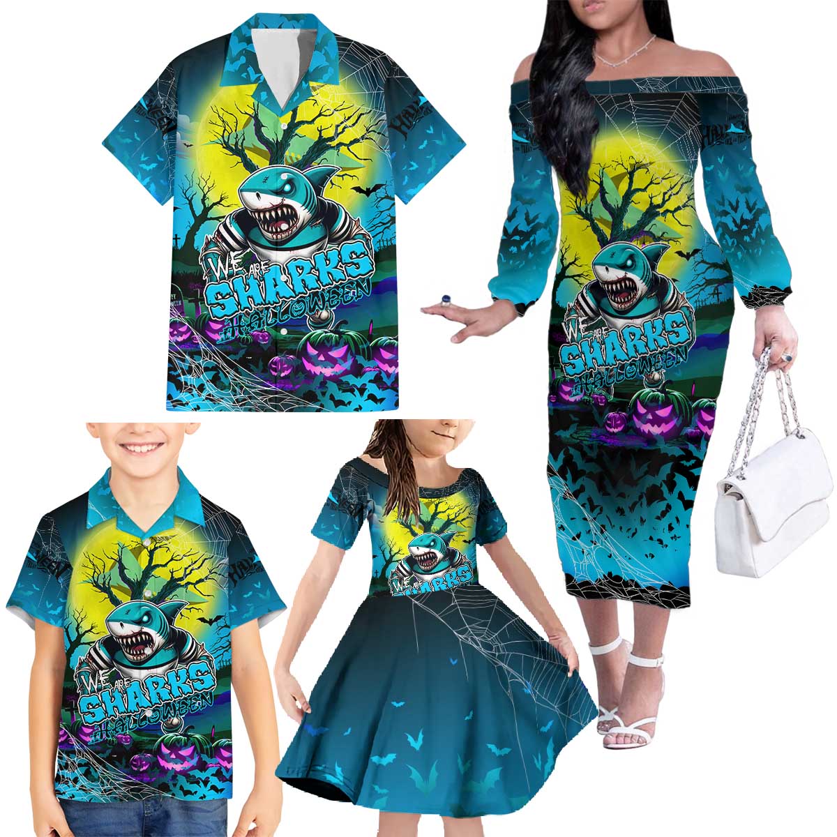 We Are Sharks Halloween Family Matching Off The Shoulder Long Sleeve Dress and Hawaiian Shirt Pumpkin Scary Spooky Season - Aussie Hoodie