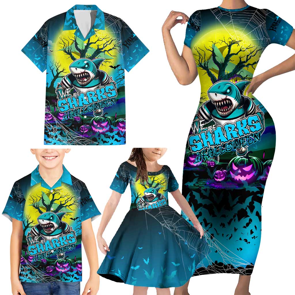 We Are Sharks Halloween Family Matching Short Sleeve Bodycon Dress and Hawaiian Shirt Pumpkin Scary Spooky Season - Aussie Hoodie