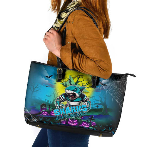 We Are Sharks Halloween Leather Tote Bag Pumpkin Scary Spooky Season - Aussie Hoodie