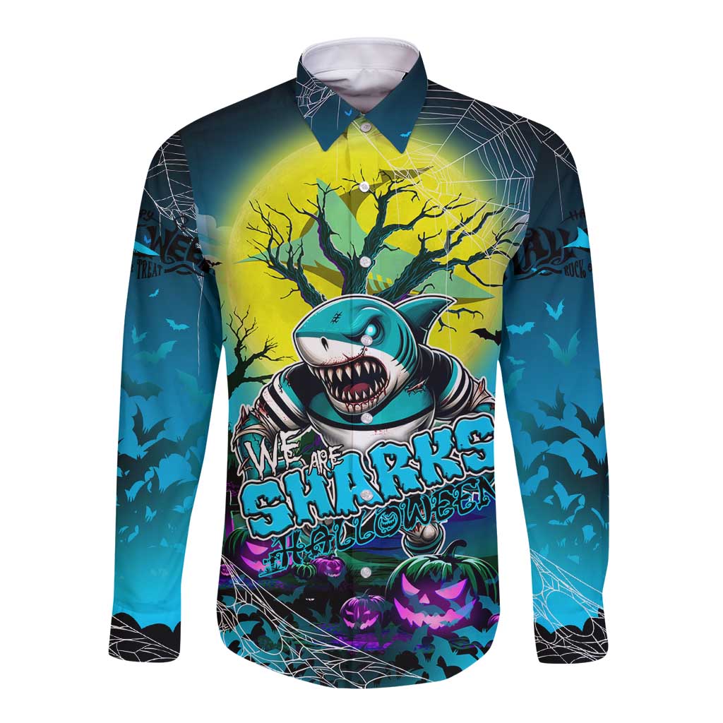 We Are Sharks Halloween Long Sleeve Button Shirt Pumpkin Scary Spooky Season - Aussie Hoodie