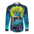 We Are Sharks Halloween Long Sleeve Button Shirt Pumpkin Scary Spooky Season - Aussie Hoodie