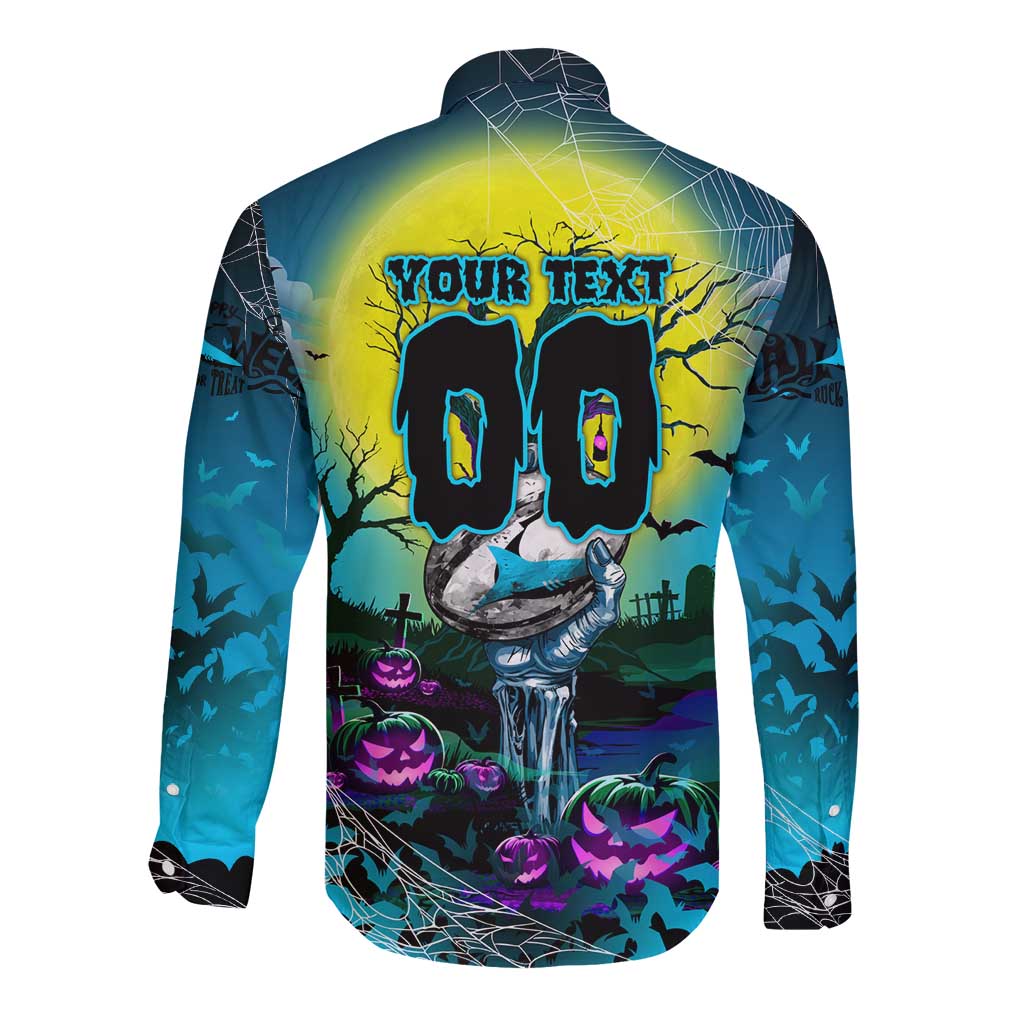 We Are Sharks Halloween Long Sleeve Button Shirt Pumpkin Scary Spooky Season - Aussie Hoodie