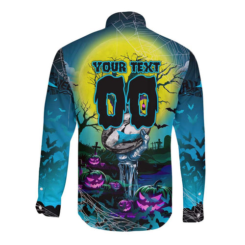 We Are Sharks Halloween Long Sleeve Button Shirt Pumpkin Scary Spooky Season - Aussie Hoodie