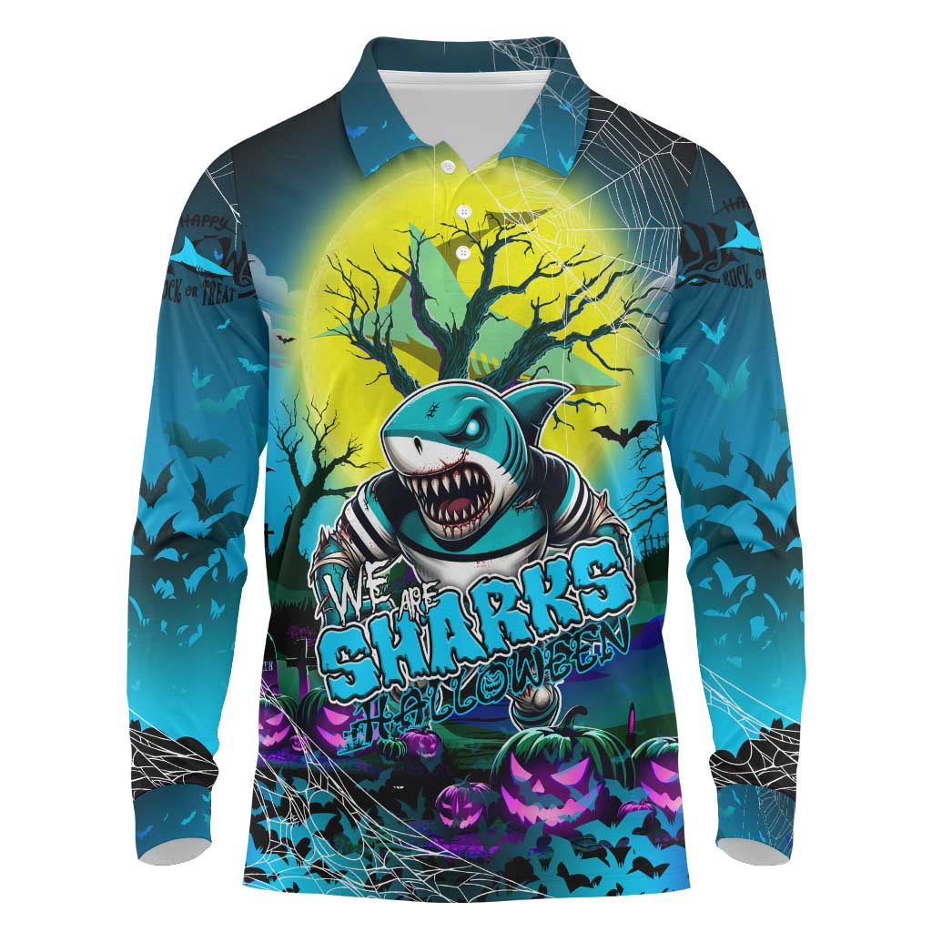 We Are Sharks Halloween Long Sleeve Polo Shirt Pumpkin Scary Spooky Season - Aussie Hoodie