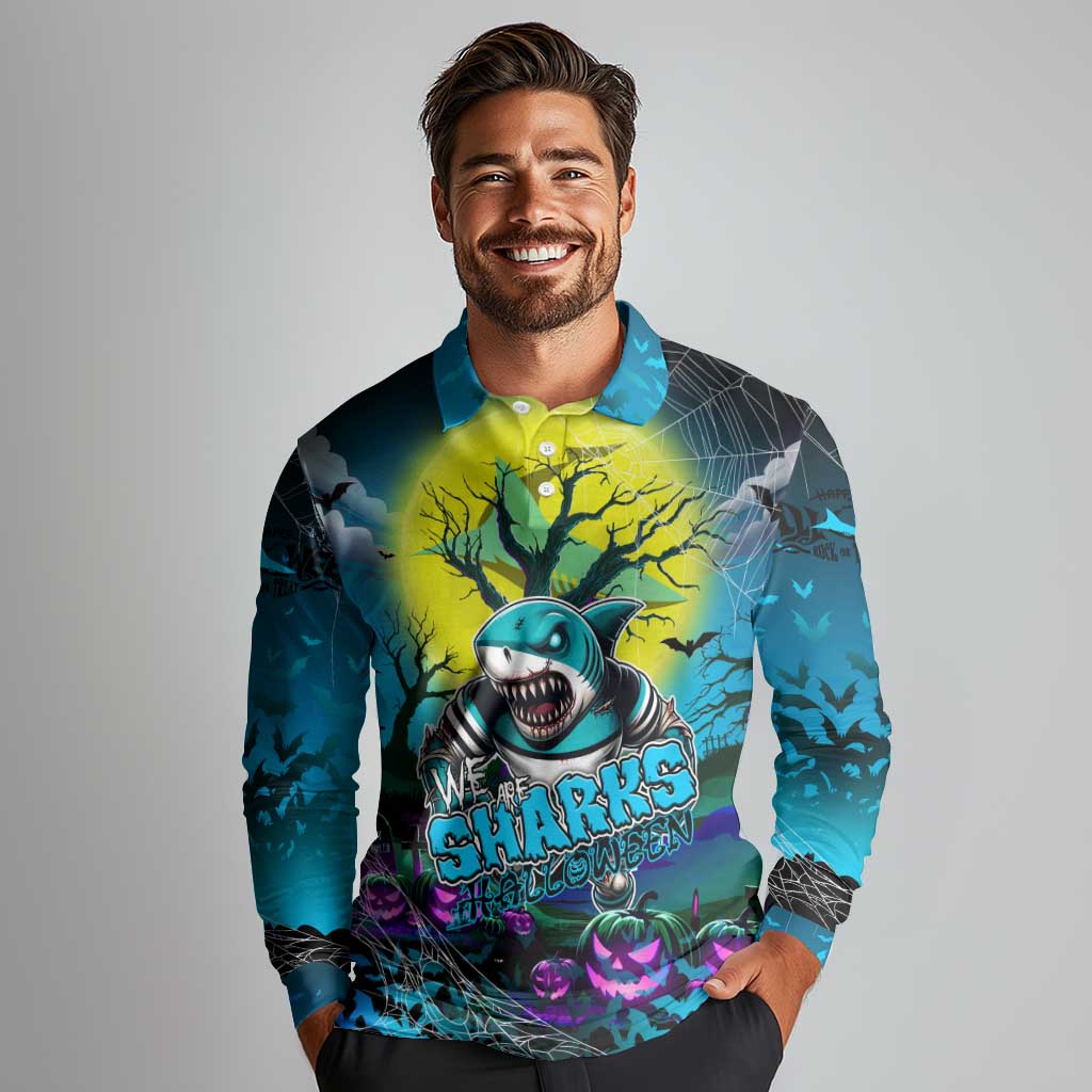 We Are Sharks Halloween Long Sleeve Polo Shirt Pumpkin Scary Spooky Season - Aussie Hoodie