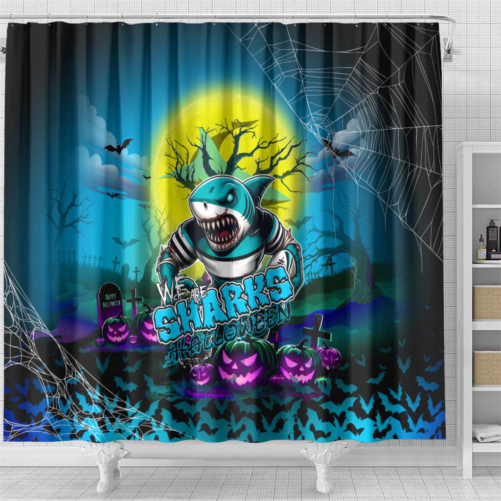 We Are Sharks Halloween Shower Curtain Pumpkin Scary Spooky Season - Aussie Hoodie