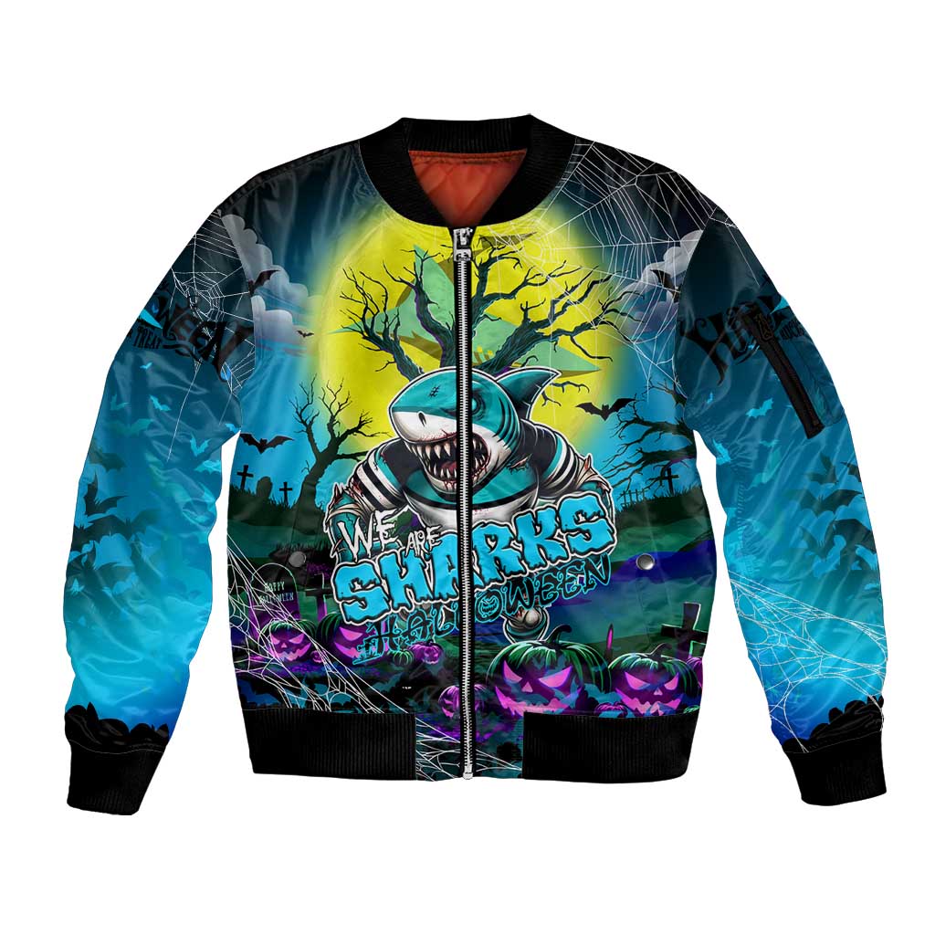 We Are Sharks Halloween Sleeve Zip Bomber Jacket Pumpkin Scary Spooky Season - Aussie Hoodie