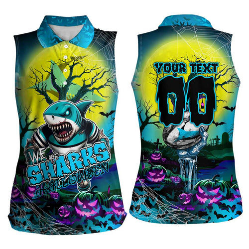 We Are Sharks Halloween Women Sleeveless Polo Shirt Pumpkin Scary Spooky Season - Aussie Hoodie