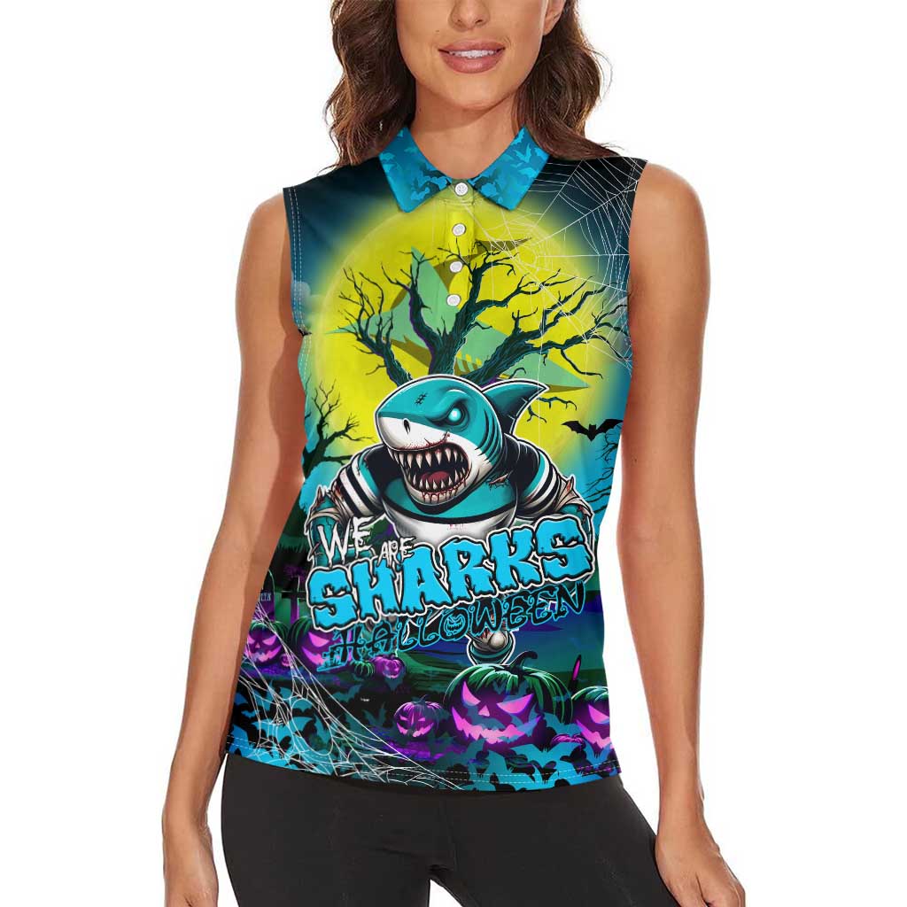 We Are Sharks Halloween Women Sleeveless Polo Shirt Pumpkin Scary Spooky Season - Aussie Hoodie