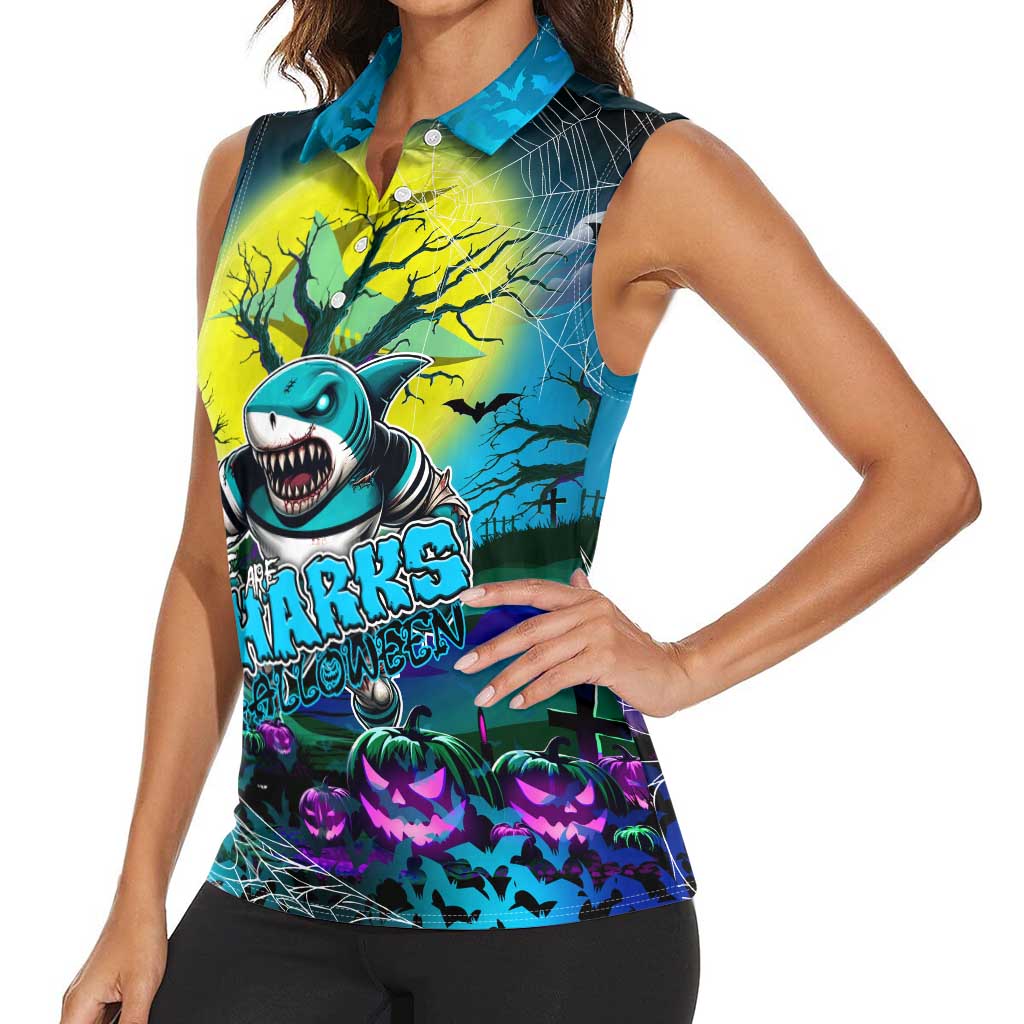 We Are Sharks Halloween Women Sleeveless Polo Shirt Pumpkin Scary Spooky Season - Aussie Hoodie