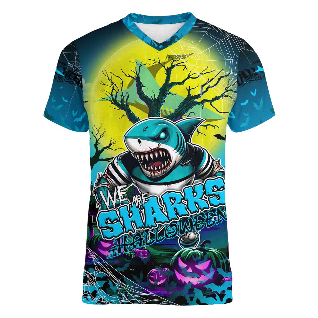 We Are Sharks Halloween Women V-Neck T-Shirt Pumpkin Scary Spooky Season - Aussie Hoodie