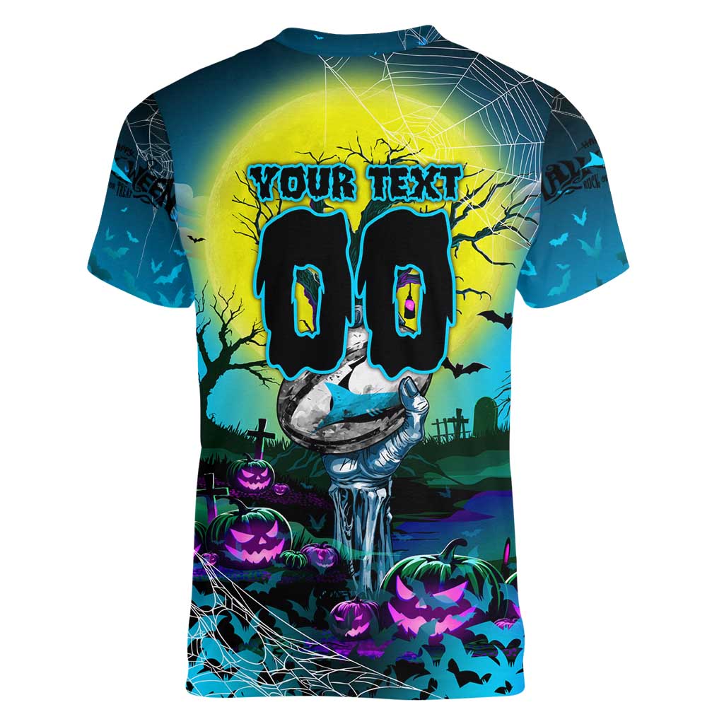 We Are Sharks Halloween Women V-Neck T-Shirt Pumpkin Scary Spooky Season - Aussie Hoodie
