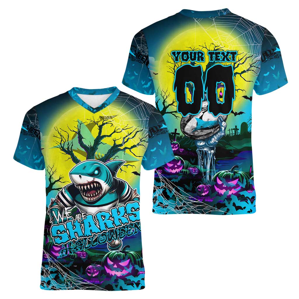 We Are Sharks Halloween Women V-Neck T-Shirt Pumpkin Scary Spooky Season - Aussie Hoodie