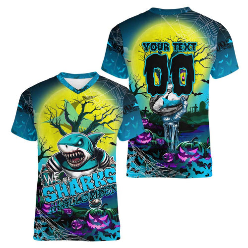 We Are Sharks Halloween Women V-Neck T-Shirt Pumpkin Scary Spooky Season - Aussie Hoodie