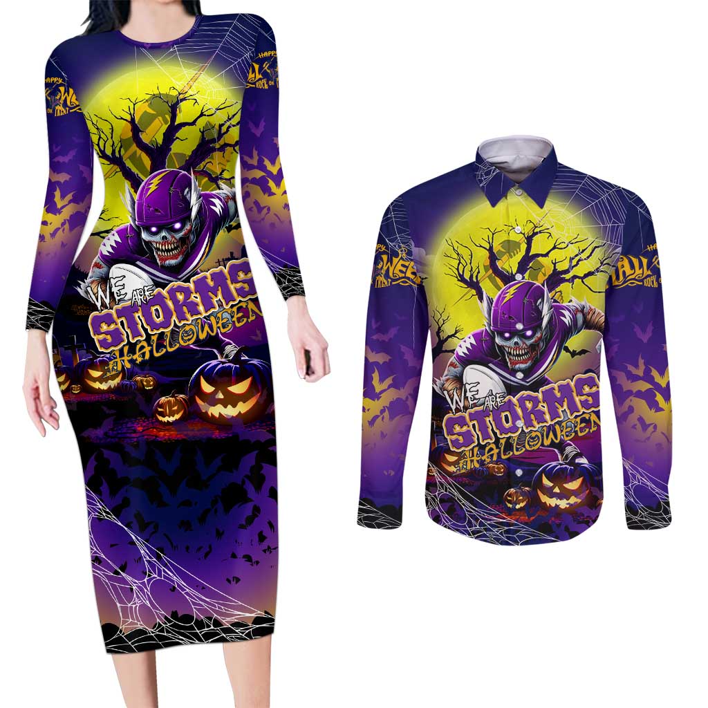 We Are Storm Halloween Couples Matching Long Sleeve Bodycon Dress and Long Sleeve Button Shirt Pumpkin Scary Spooky Season - Aussie Hoodie