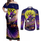 We Are Storm Halloween Couples Matching Off Shoulder Maxi Dress and Long Sleeve Button Shirt Pumpkin Scary Spooky Season - Aussie Hoodie