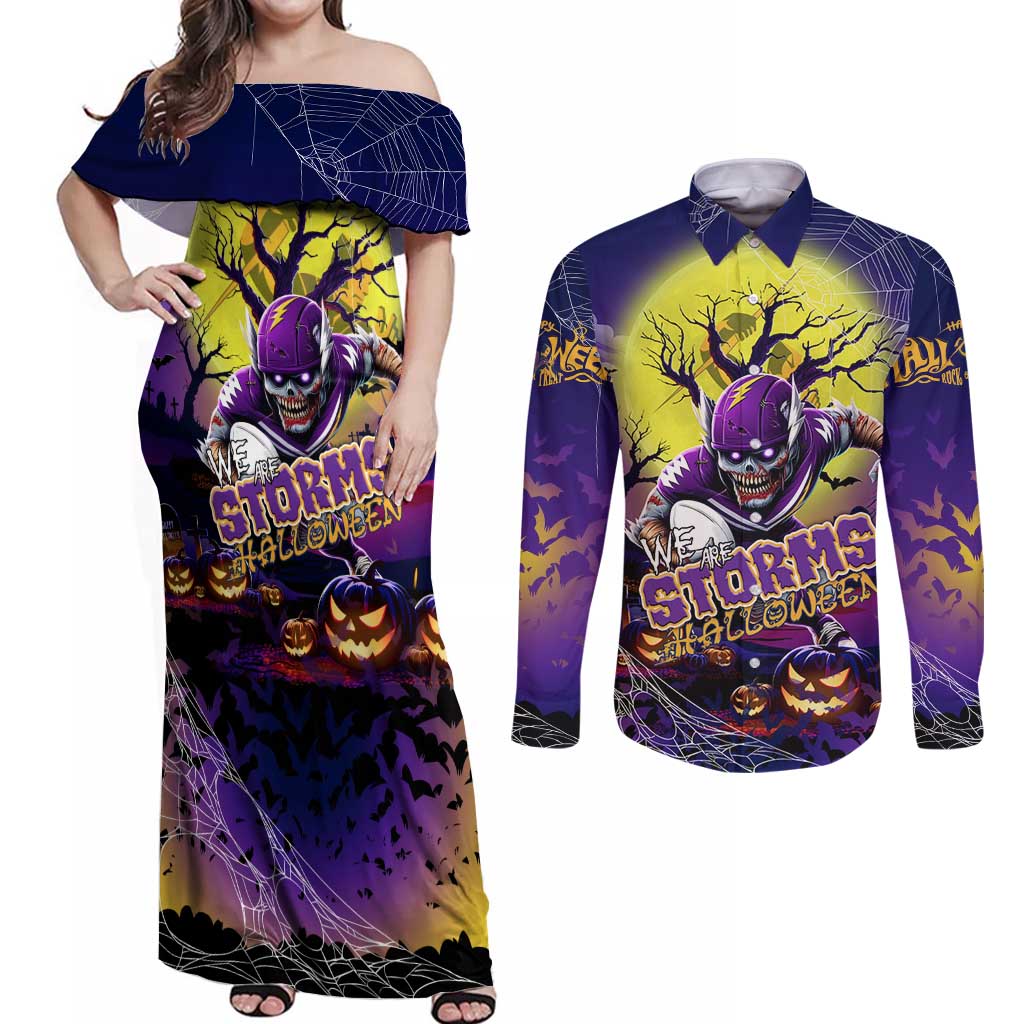 We Are Storm Halloween Couples Matching Off Shoulder Maxi Dress and Long Sleeve Button Shirt Pumpkin Scary Spooky Season - Aussie Hoodie