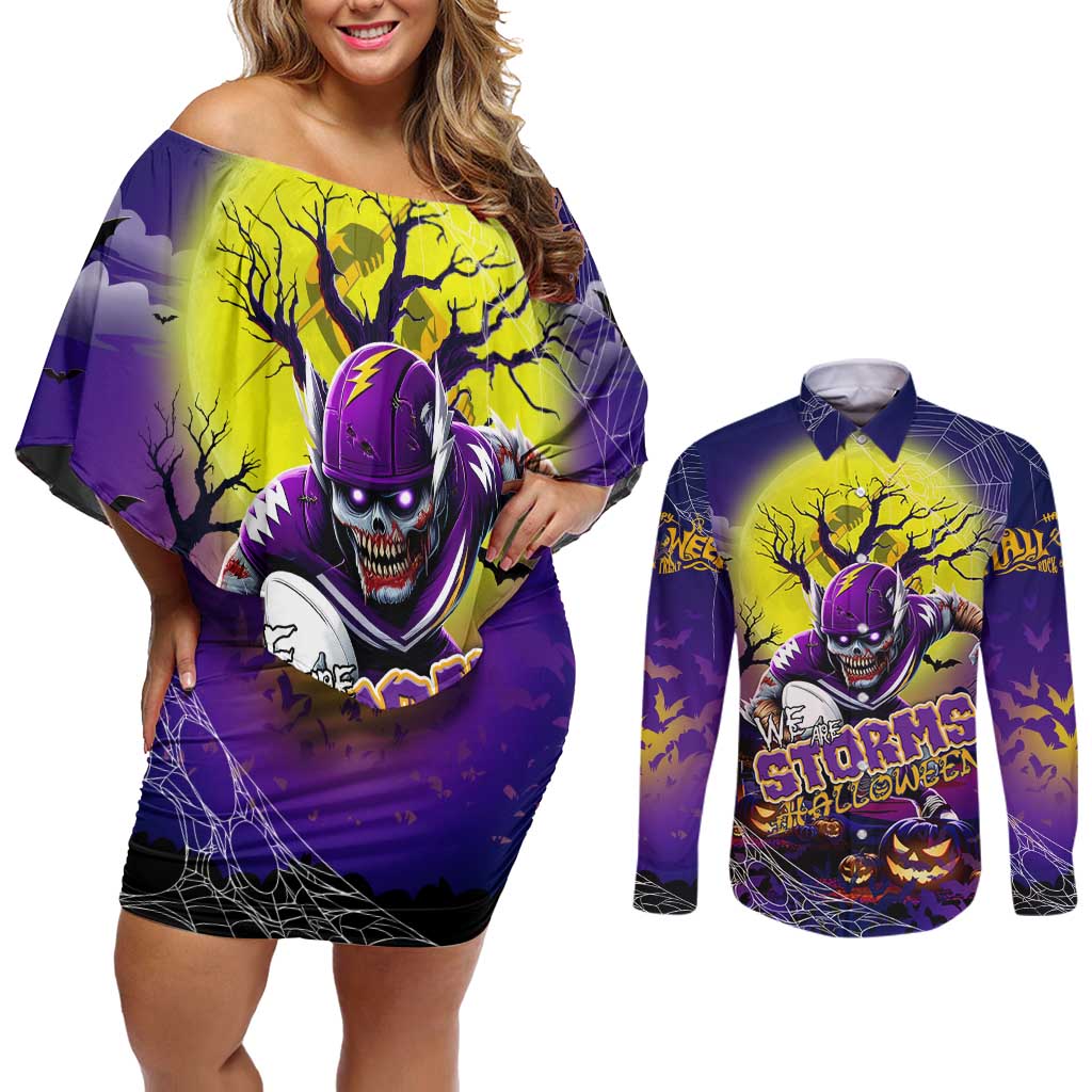 We Are Storm Halloween Couples Matching Off Shoulder Short Dress and Long Sleeve Button Shirt Pumpkin Scary Spooky Season - Aussie Hoodie