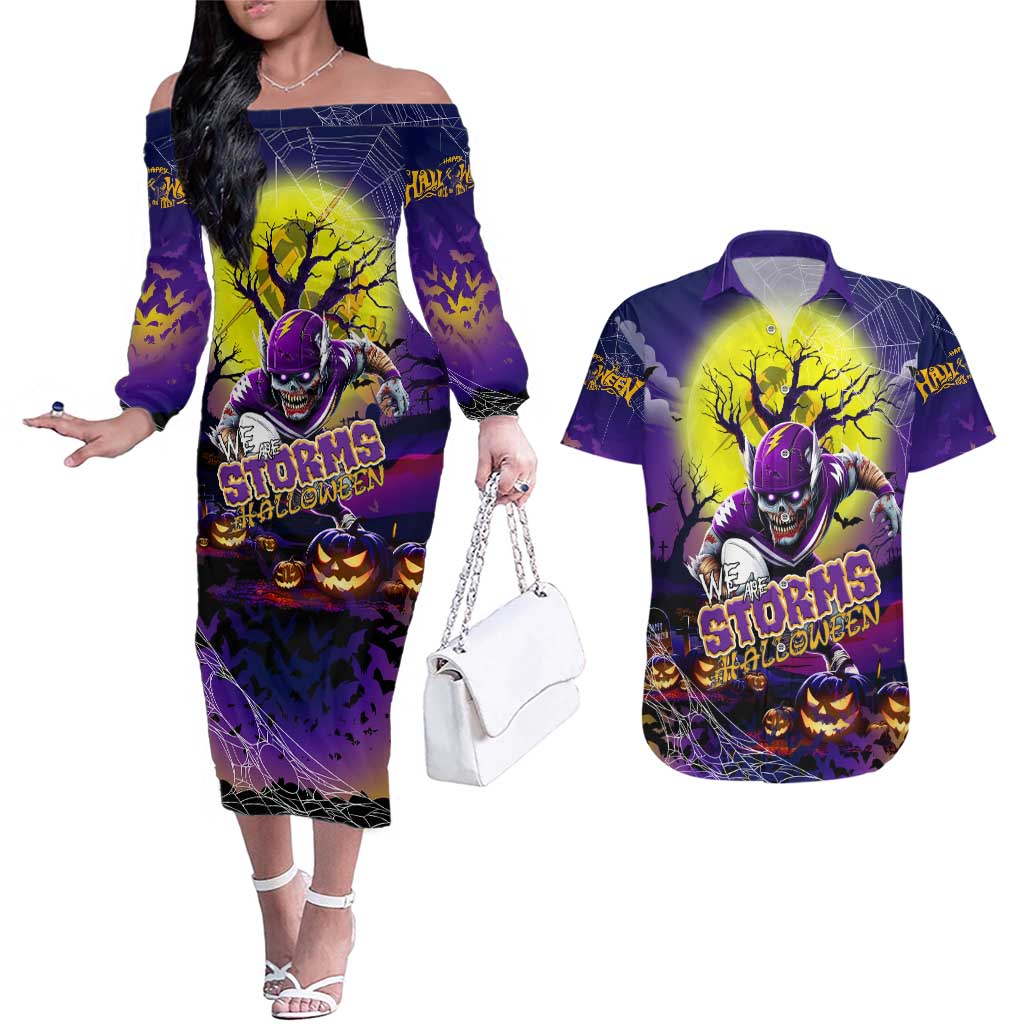 We Are Storm Halloween Couples Matching Off The Shoulder Long Sleeve Dress and Hawaiian Shirt Pumpkin Scary Spooky Season - Aussie Hoodie