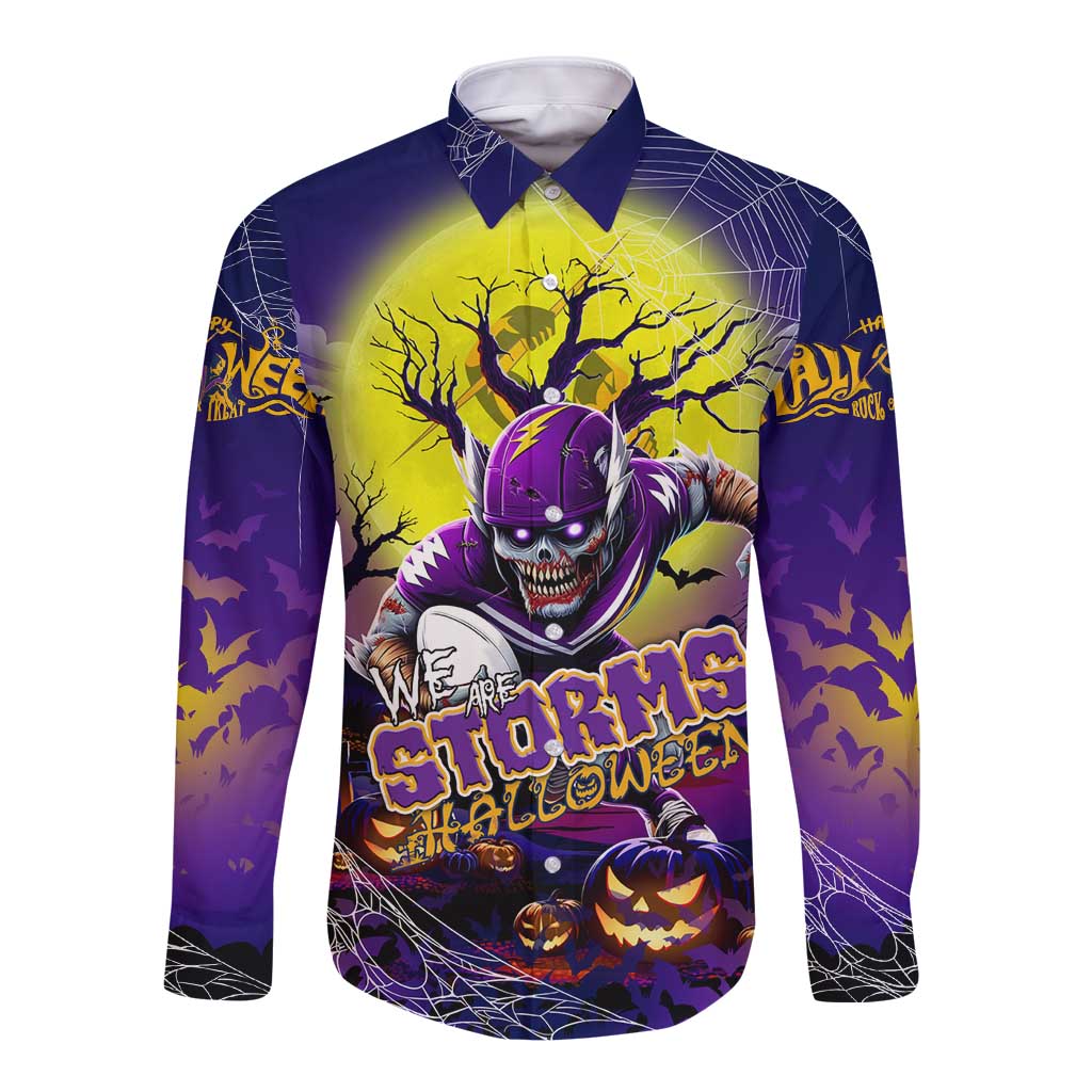 We Are Storm Halloween Long Sleeve Button Shirt Pumpkin Scary Spooky Season - Aussie Hoodie