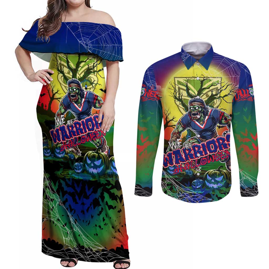 We Are Warriors Halloween Couples Matching Off Shoulder Maxi Dress and Long Sleeve Button Shirt Pumpkin Scary Spooky Season - Aussie Hoodie