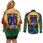 We Are Warriors Halloween Couples Matching Off Shoulder Short Dress and Long Sleeve Button Shirt Pumpkin Scary Spooky Season - Aussie Hoodie