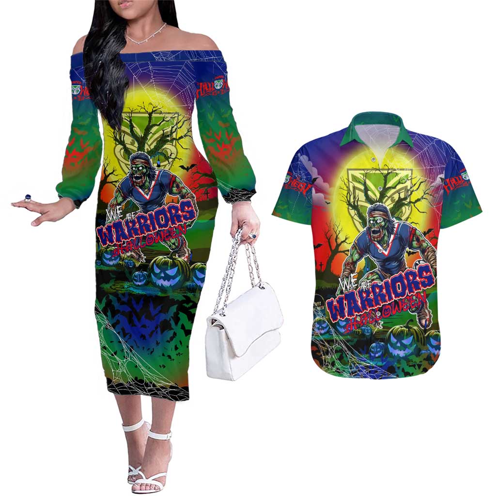 We Are Warriors Halloween Couples Matching Off The Shoulder Long Sleeve Dress and Hawaiian Shirt Pumpkin Scary Spooky Season - Aussie Hoodie