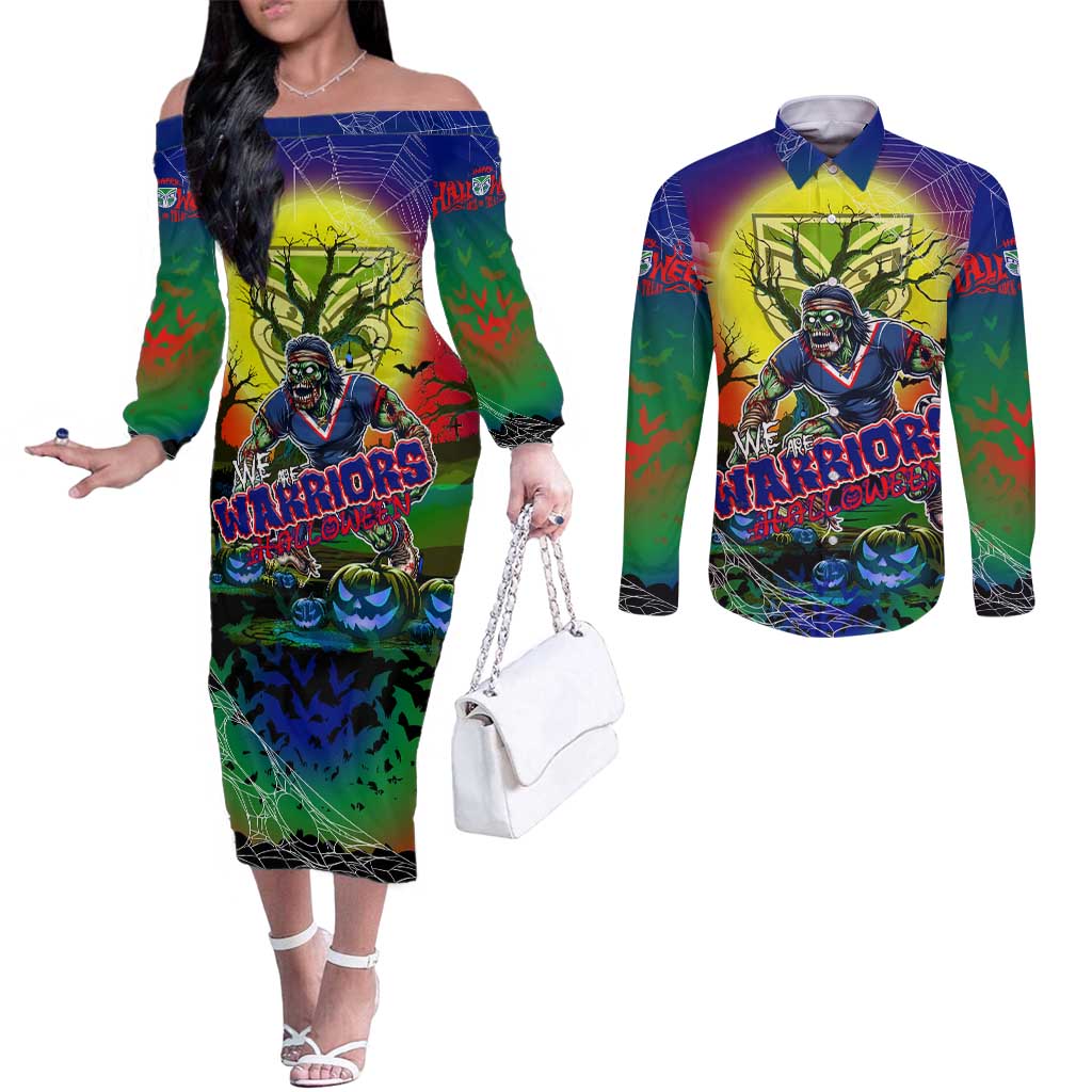 We Are Warriors Halloween Couples Matching Off The Shoulder Long Sleeve Dress and Long Sleeve Button Shirt Pumpkin Scary Spooky Season - Aussie Hoodie