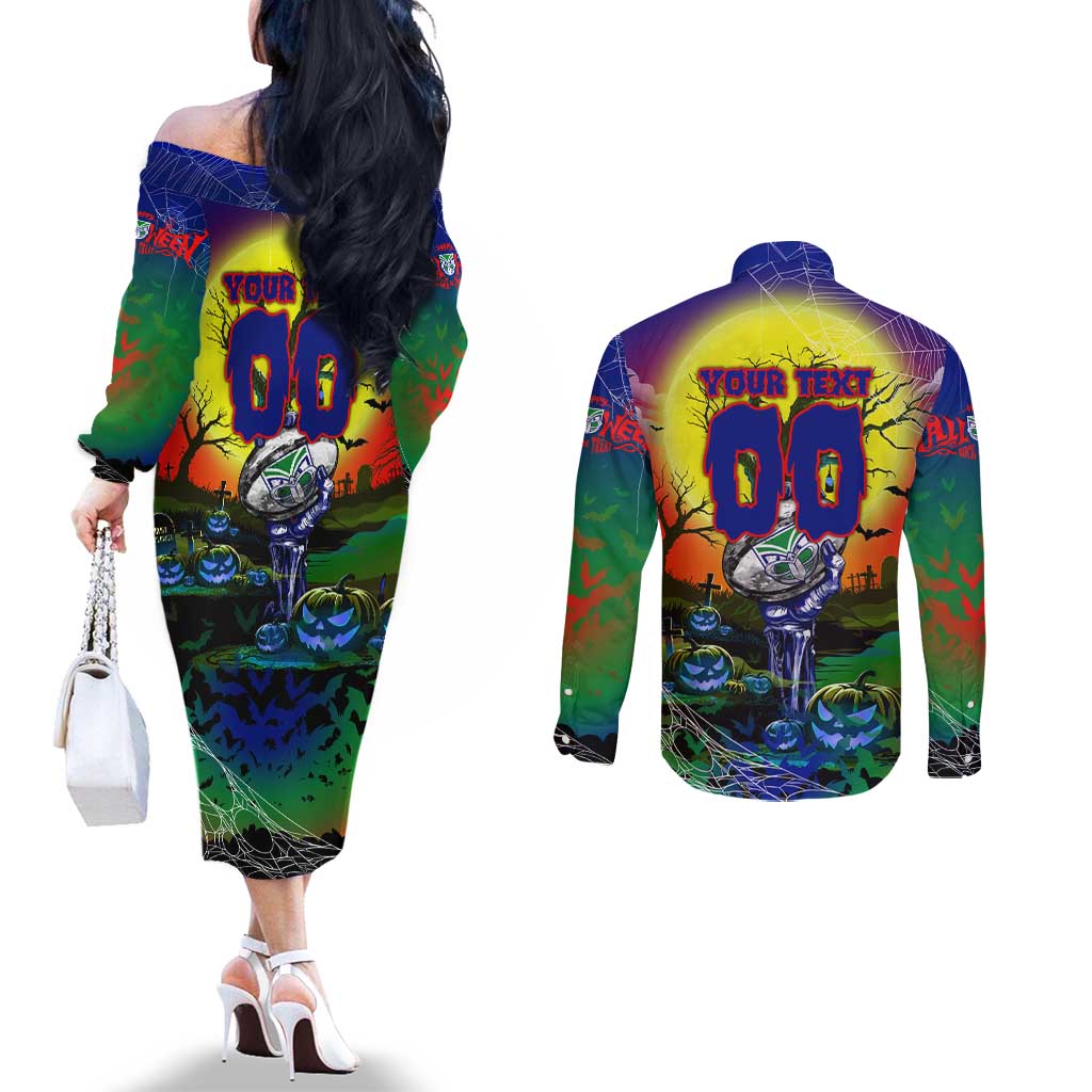We Are Warriors Halloween Couples Matching Off The Shoulder Long Sleeve Dress and Long Sleeve Button Shirt Pumpkin Scary Spooky Season - Aussie Hoodie