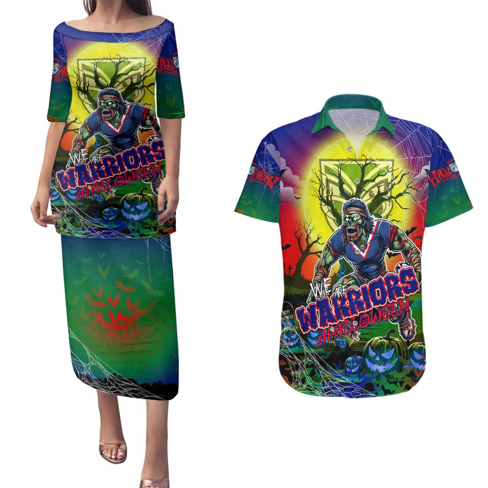 We Are Warriors Halloween Couples Matching Puletasi and Hawaiian Shirt Pumpkin Scary Spooky Season - Aussie Hoodie