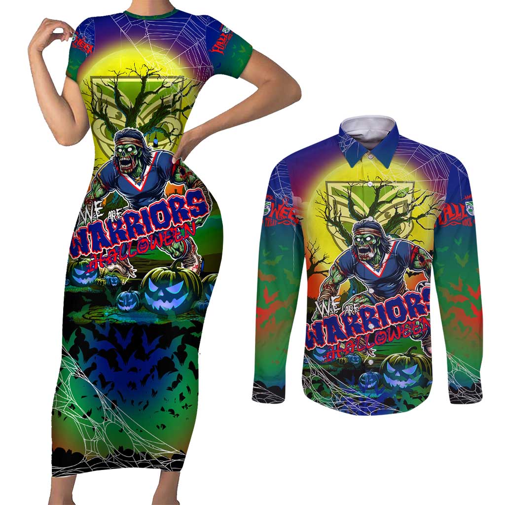 We Are Warriors Halloween Couples Matching Short Sleeve Bodycon Dress and Long Sleeve Button Shirt Pumpkin Scary Spooky Season - Aussie Hoodie