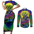 We Are Warriors Halloween Couples Matching Short Sleeve Bodycon Dress and Long Sleeve Button Shirt Pumpkin Scary Spooky Season - Aussie Hoodie