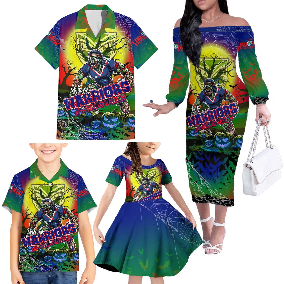 We Are Warriors Halloween Family Matching Off The Shoulder Long Sleeve Dress and Hawaiian Shirt Pumpkin Scary Spooky Season - Aussie Hoodie