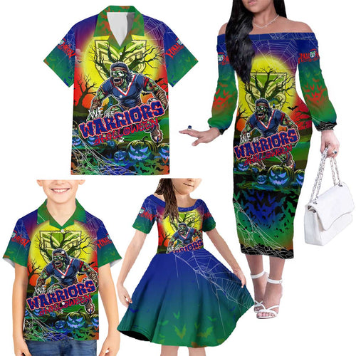 We Are Warriors Halloween Family Matching Off The Shoulder Long Sleeve Dress and Hawaiian Shirt Pumpkin Scary Spooky Season - Aussie Hoodie