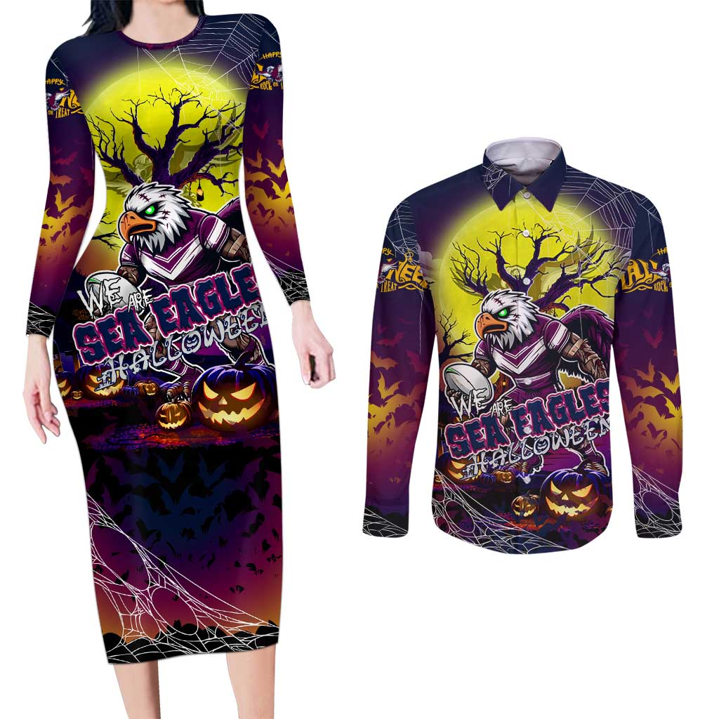 We Are Sea Eagles Halloween Couples Matching Long Sleeve Bodycon Dress and Long Sleeve Button Shirt Pumpkin Scary Spooky Season - Aussie Hoodie