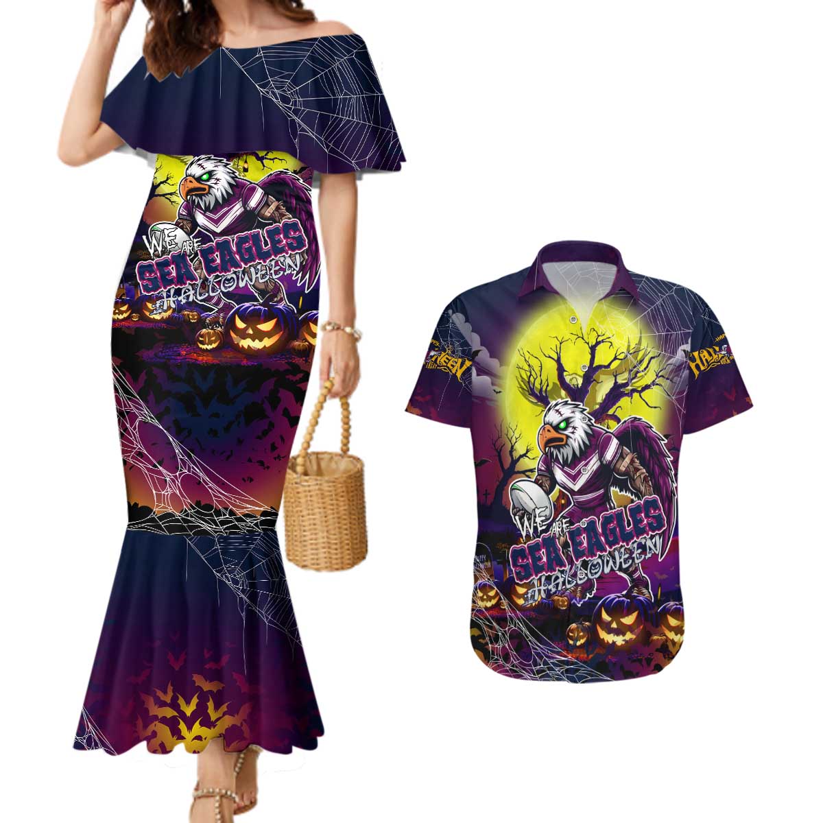 We Are Sea Eagles Halloween Couples Matching Mermaid Dress and Hawaiian Shirt Pumpkin Scary Spooky Season - Aussie Hoodie